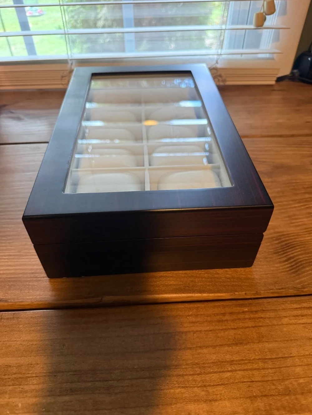 Wooden Watch Storage Box with Glass Lid and Multiple Compartments